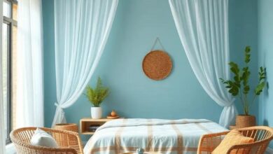 Creating Serenity: A Beach-Themed Bedroom with Light Blue Walls and Rattan Charm