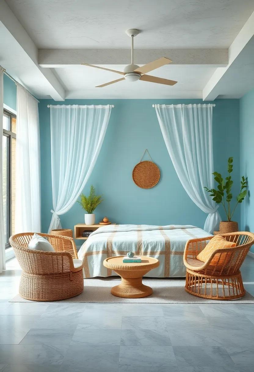 Creating Serenity: A Beach-Themed Bedroom with Light Blue Walls and Rattan Charm