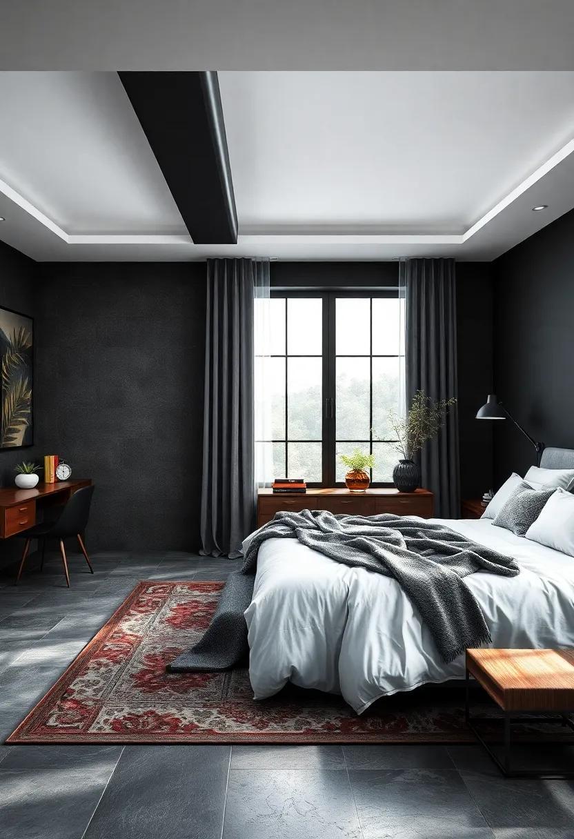 Balancing Shadow and Light: Designing a Dark Charcoal Bedroom with Crisp White Bedding