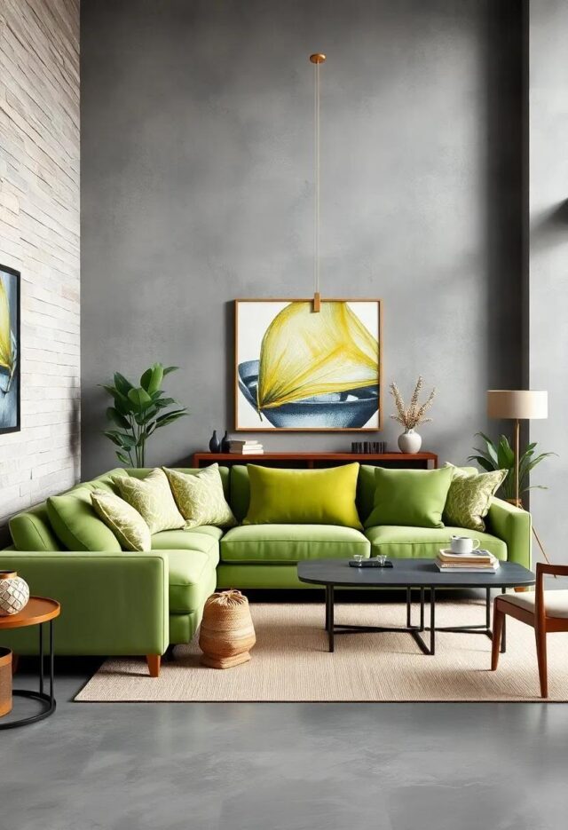 27 Creative Ways to Style a Green Couch Against Gray Walls in Your Living Room