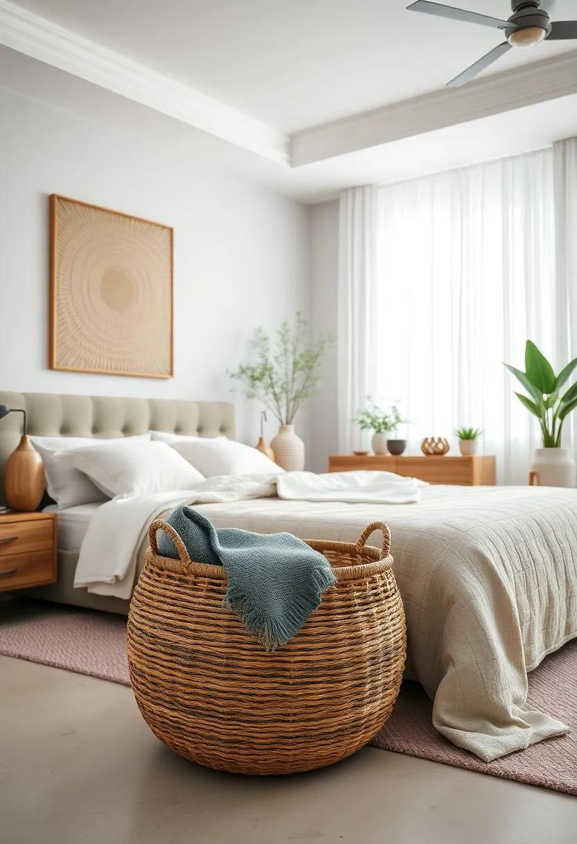 Textured Woven Basket: use⁢ a stylish woven basket for extra storage or as a decorative element that enhances ⁤your room’s overall​ aesthetic