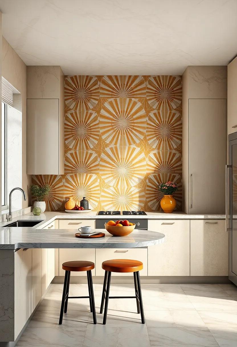 Radiant Sunburst Tile Patterns Echoing the Iconic Art Deco Motif in Elegant Kitchen Spaces