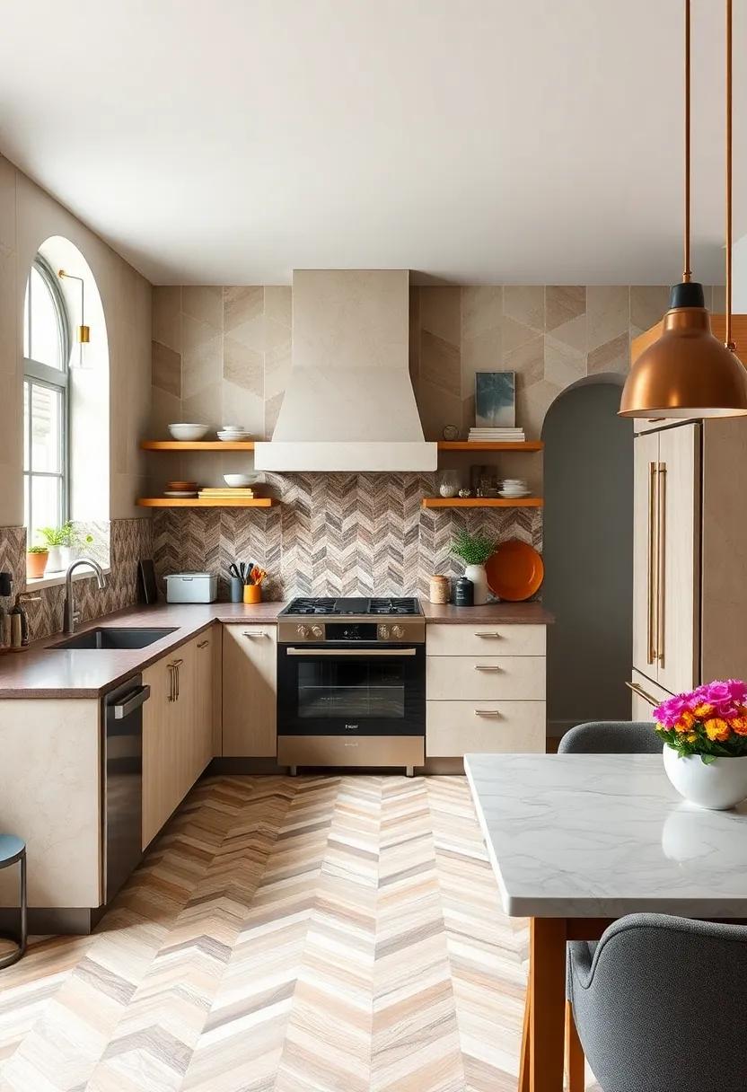 Vibrant Chevron and Herringbone Tile Layouts Bringing Movement and Texture to Sleek Art Deco Kitchens