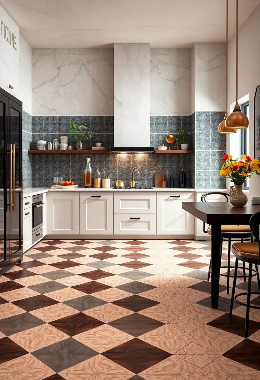 Checkerboard Floor Patterns Reimagined with Metallic Accents for a Glamorous Kitchen Setting