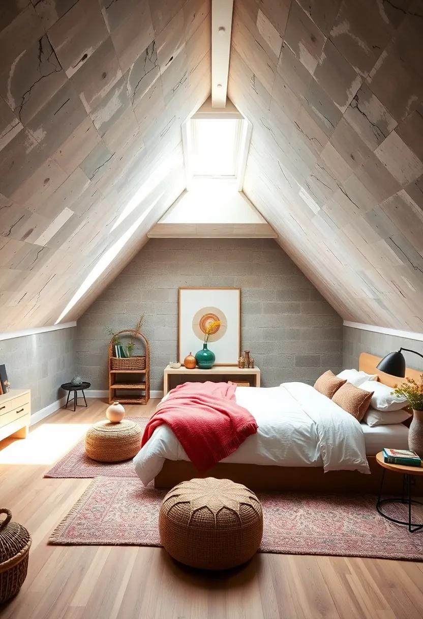 Cozy Attic Bedroom Bathed in Soft Natural Light Through a Large Central Skylight