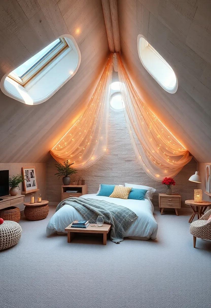 Whimsical Fairy Light Draped Attic Room with Slanted Ceilings and Skylight Revealing Moonlight