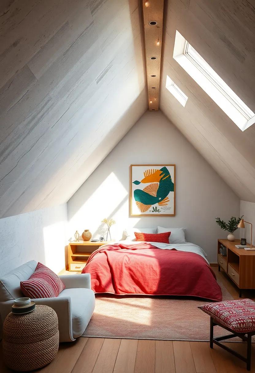 Designer Attic Bedroom with Curved Angled Ceilings and Skylight Highlighting Contemporary Art