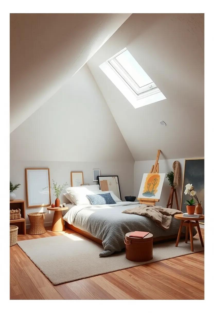 Creative Artist's Attic Bedroom with Sloped Ceilings and Skylight Illuminating an Easel Space