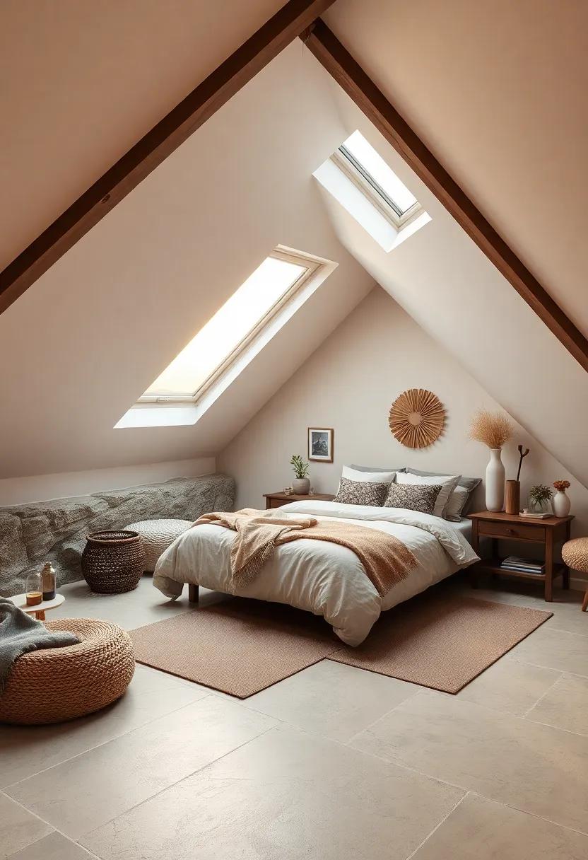 Earthy Toned Attic Bedroom with Organic Textiles and Skylight Framing a Sunset View