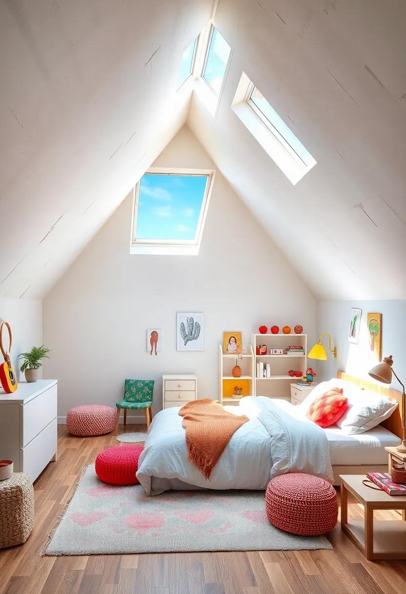 Playful Children's Attic Bedroom Filled with Bright Colors and a Skylight Opening to Blue Skies