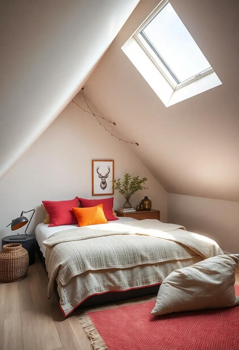 Cozy Reading Nook Beneath a Skylight in a Sloped Ceiling Attic Bedroom with Soft Cushions