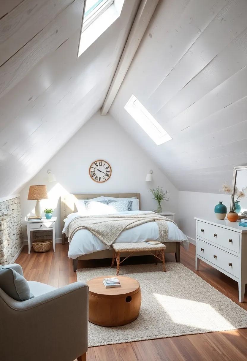 Coastal Attic Bedroom Design with Soft Blues, White Washed Wood, and Sunny Skylight