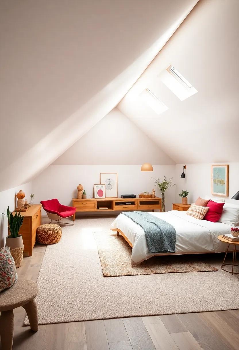 Minimalist Attic Bedroom Featuring Crisp White Walls and Sloped Ceilings with Skylight Glow
