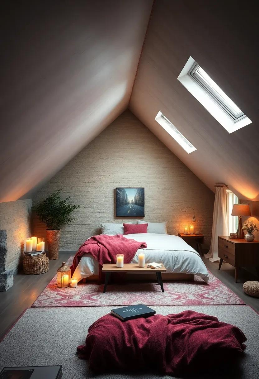 Romantic Candlelit Attic Retreat Nestled Under Angled Ceilings with Soft Drapery
