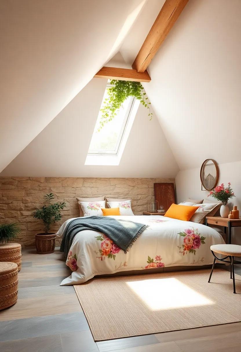 Charming Cottage Style Attic Bedroom with Floral Prints and Skylight Peering Through Ivy