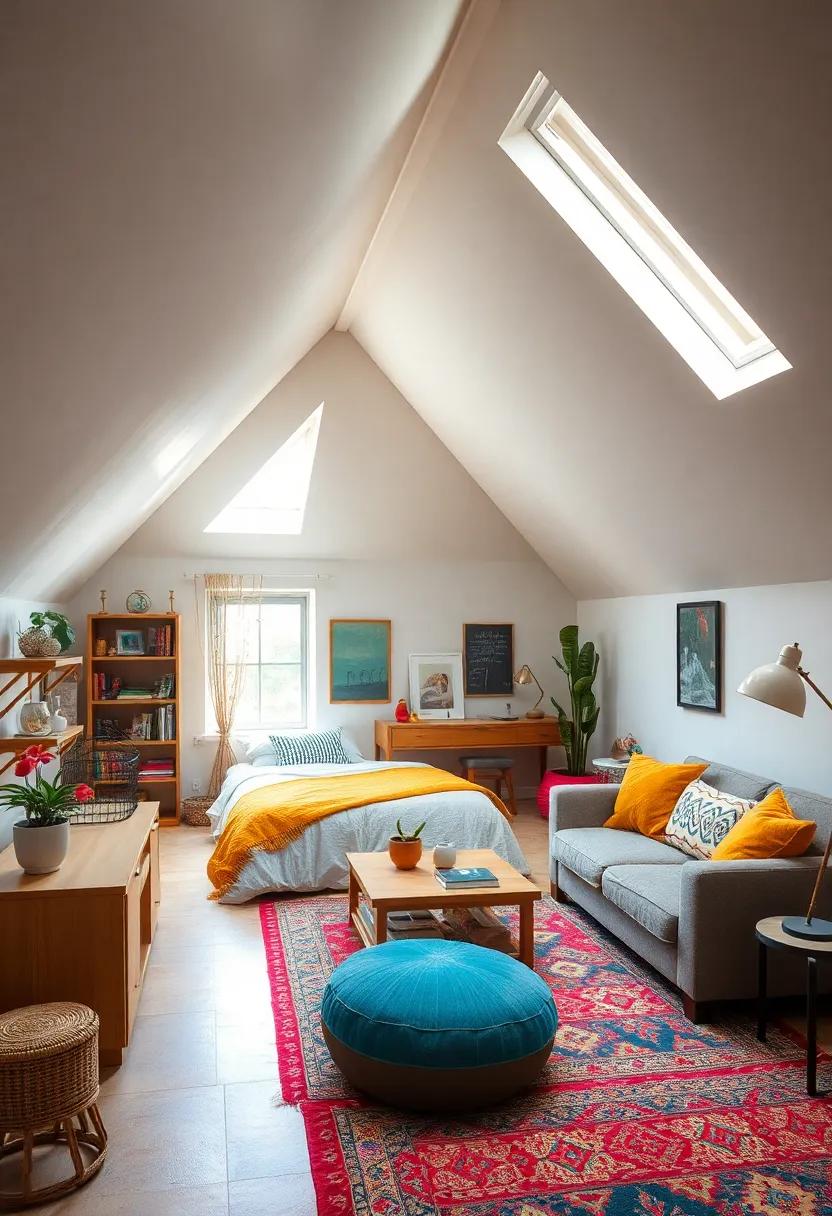Colorful Eclectic Attic Room Filled with Vibrant Textiles and Skylight Filtering Daylight