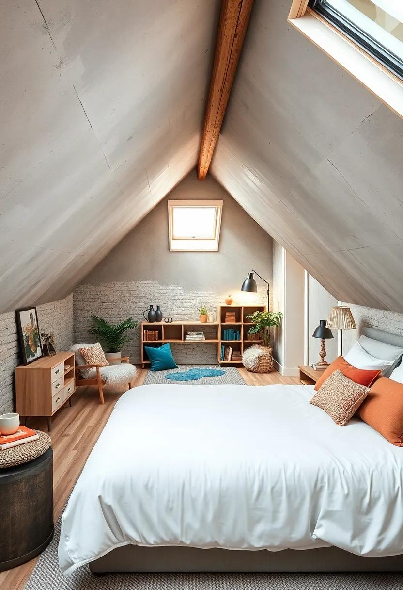 Rustic Charm in a Small Attic Bedroom Showcasing Warm Hearth Tones and Sunlit Skylight