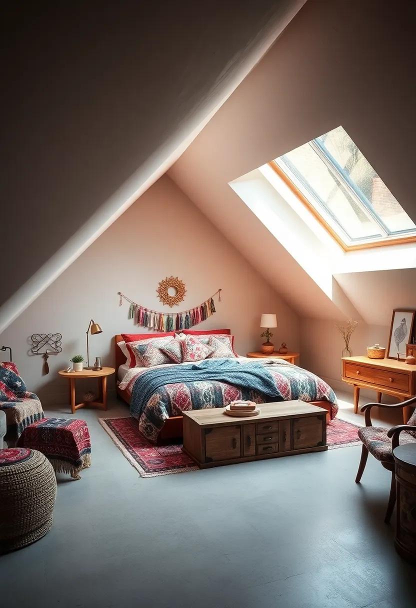 Bohemian Chic Attic Bedroom Adorned with Patterned Textiles and a Skylight View of the Stars