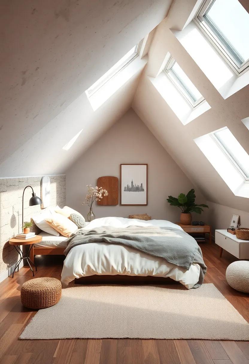 Serene Monochrome Attic Bedroom Bathed in Skylight with Plush Textures and Angled Rooflines