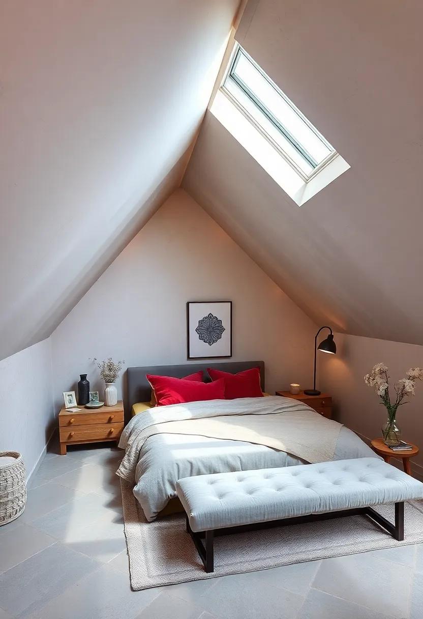 Elegant Attic Space with Velvet Upholstery, Sloped Ceilings, and Skylight Accentuating Depth