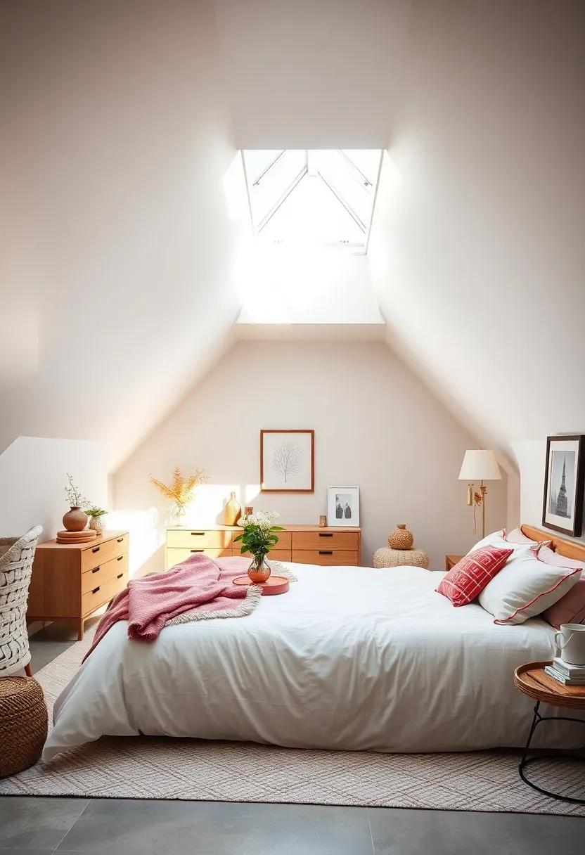 Soft Pastel Attic Bedroom Under White Slopes with Skylight Bringing in Morning Sunshine