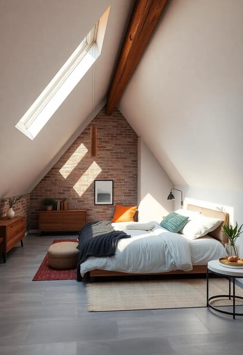 Industrial Loft Style Attic Bedroom with Exposed Beams and Skylight Casting Urban Shadows