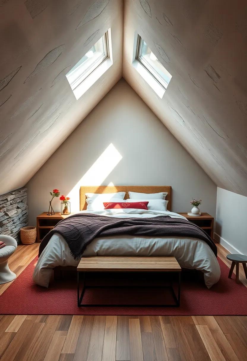 Luxurious Attic Bedroom Featuring Plush Bedding and Skylight Offering Star Gazing Opportunities