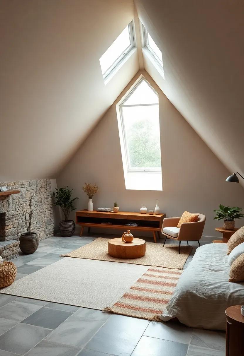 Tranquil Zen Attic Bedroom Featuring Minimal Furnishings and a Central Skylight Window