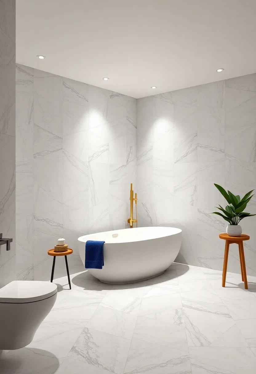 Soft Curved Tiles in Alternating White and Grey Shades Sculpting Fluid Bathroom Layouts