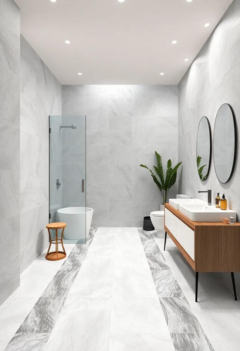 Geometric White and Grey Tiles Forming Bold Floor Patterns That Enhance Minimalistic Bathroom Designs