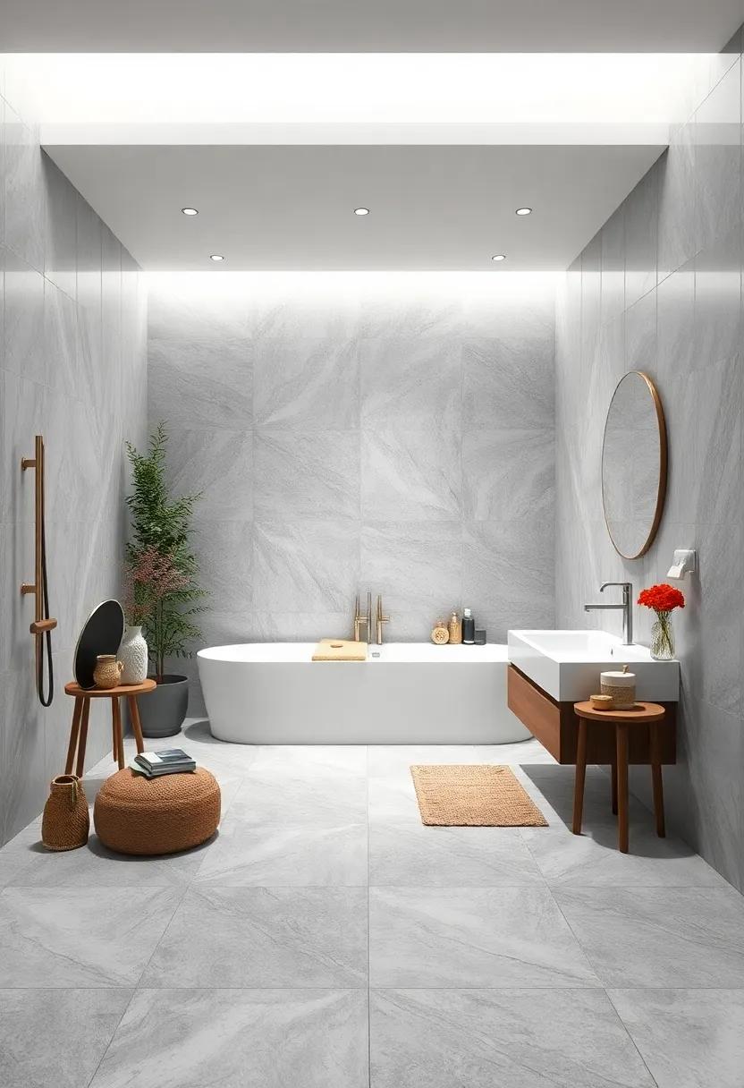 Large Format Grey Tiles with Subtle White Streaks Offering Spaciousness and Elegance