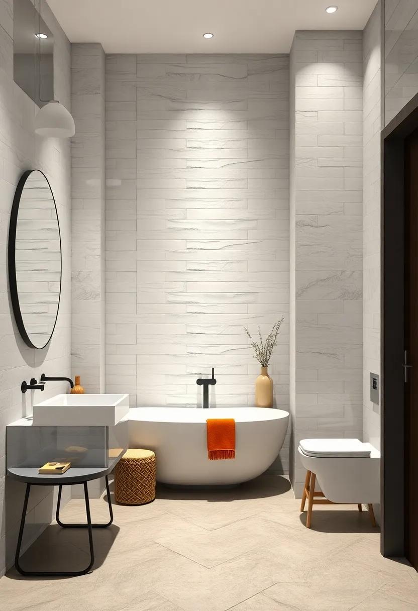Sleek White Matte Tiles Contrasted with Charcoal Grey Borders to Frame Bathroom Features