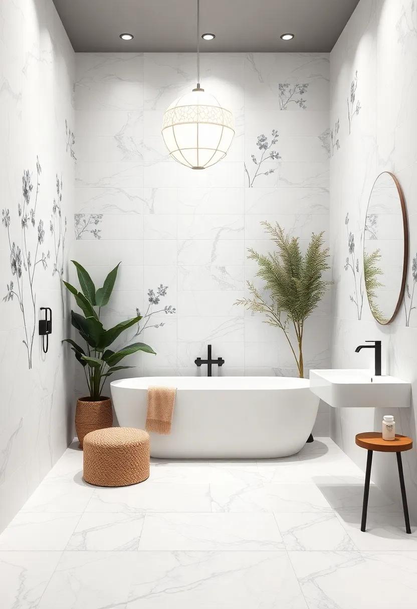 Fine White Tile Panels With Hand-Painted Grey Botanical Motifs Bringing Artistic Flair to Bathrooms