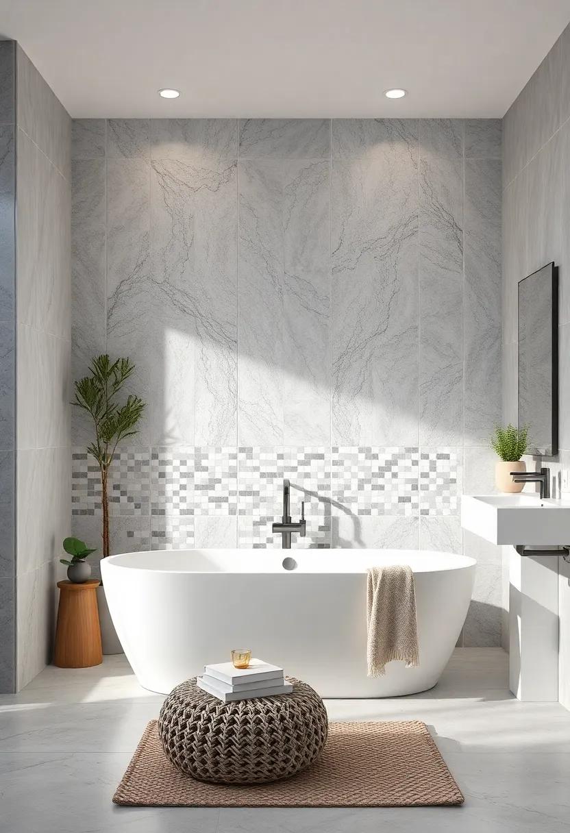 Elegant Mosaic Tile Accents Combining Soft Greys and Crisp Whites for Sophisticated Wall Designs