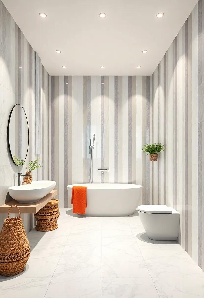 Glossy White and Light Grey Tiles Arranged in Vertical Stripes to Stretch and Brighten Bathroom Walls
