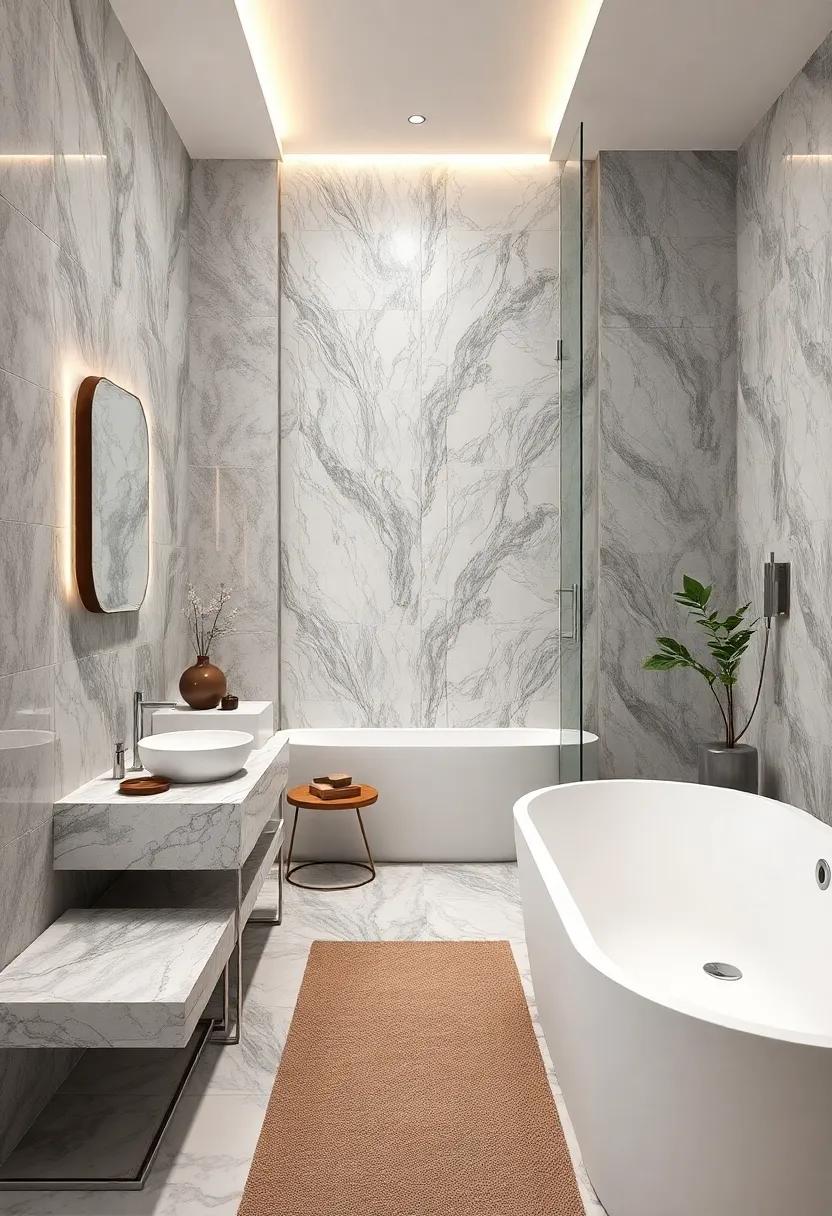Delicate Marble-Inspired Tiles Blending Swirls of Grey and White in a Luxurious Bathroom Setting