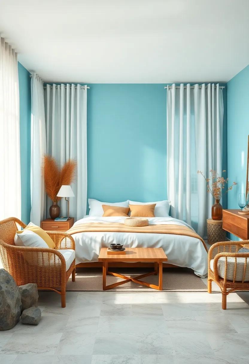 Calm Waves Reflected in Light Blue Walls with Soft Natural Light Streaming Through Sheer Curtains