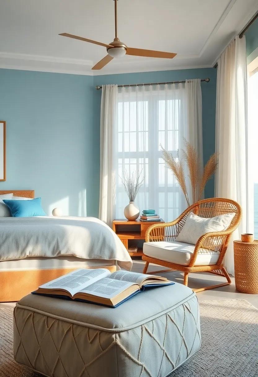 Open Book on a Rattan Ottoman Next to a Soft Armchair Bathed in Morning Light on Coastal Hues