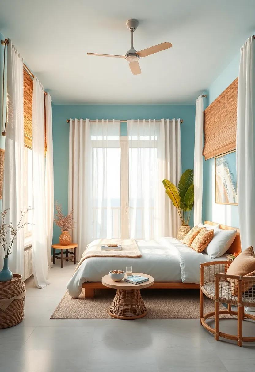 Balmy Ocean Breeze Invoked by Linen Curtains Flowing Gently Amidst Rattan Window Treatments