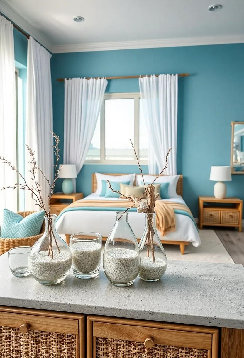 Ocean Glass Vases with White Sand and Driftwood Centerpieces on a Rattan Dresser or Desk