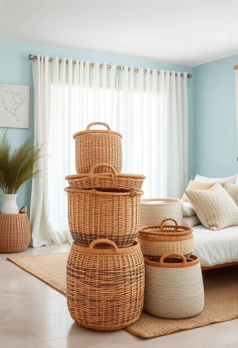 Stacked Woven Baskets in Various Sizes Providing Texture and Functionality in a Beach Bedroom