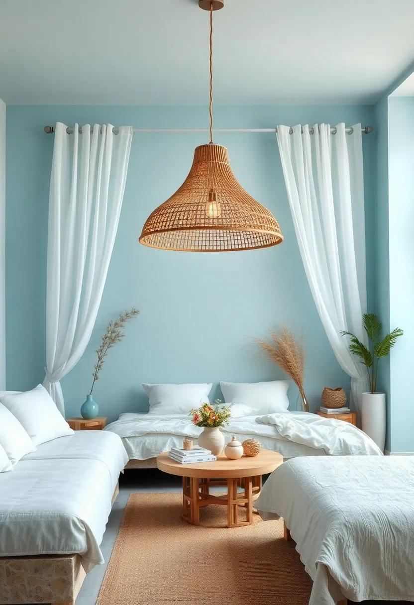 Boho-Chic Rattan Pendant Light Casting Warm Shadows Over a Beach-Themed Bedroom Sanctuary