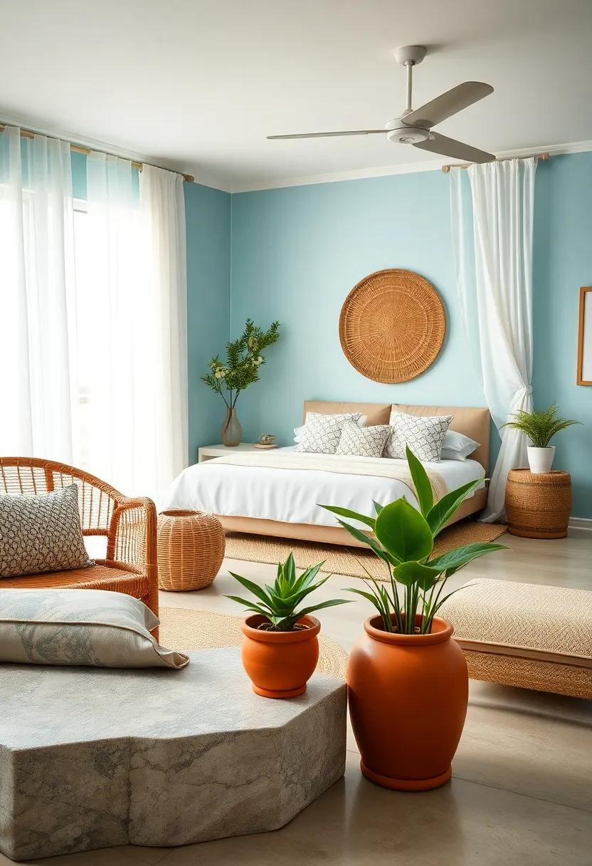 Cozy Rattan Chair Nestled in a Corner with Textured Throw and a Small Driftwood Side Table