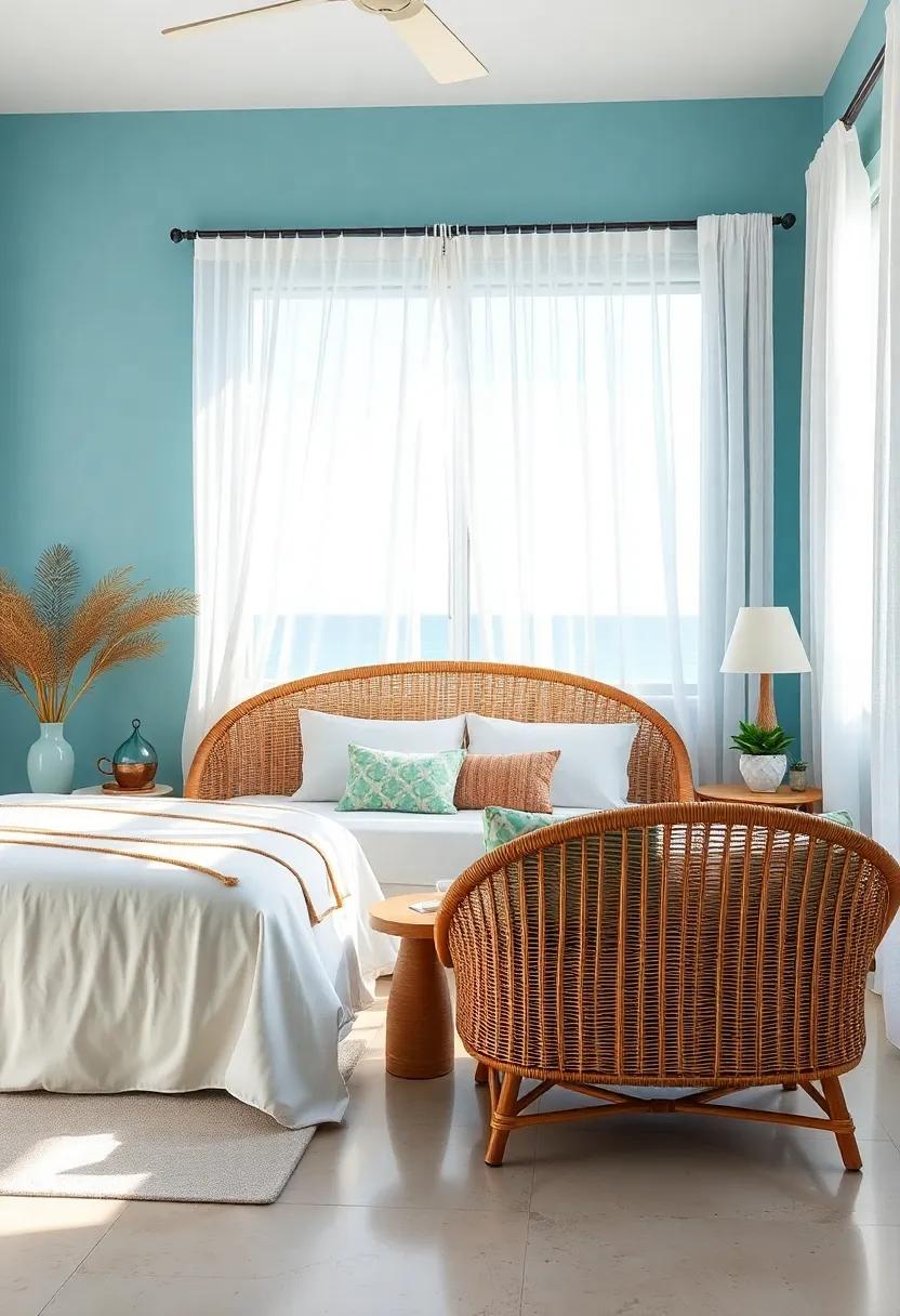 A Soft, Plush Area Rug in Cream and Light Blue Tones Connecting Rattan Elements Underfoot