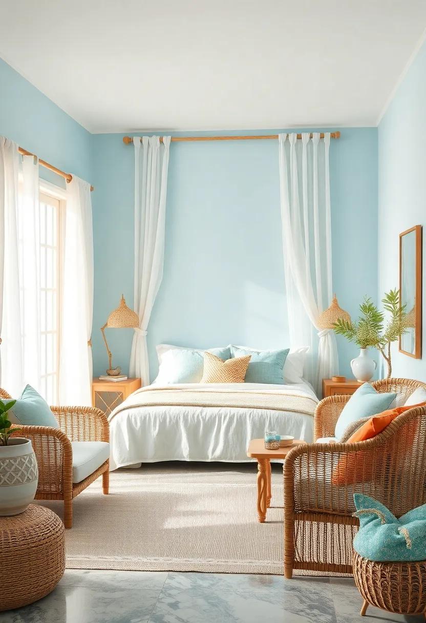 Delicate Seashell Arrangements Displayed on a Rattan Woven Shelf Against a Soft Blue Backdrop