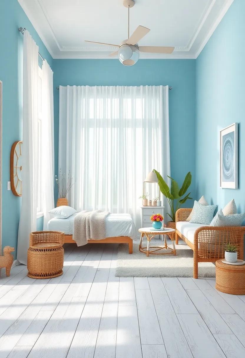 Sunlight Dancing on Whitewashed Wooden Floors Contrasting with Pastel Blue Walls and Beach Decor