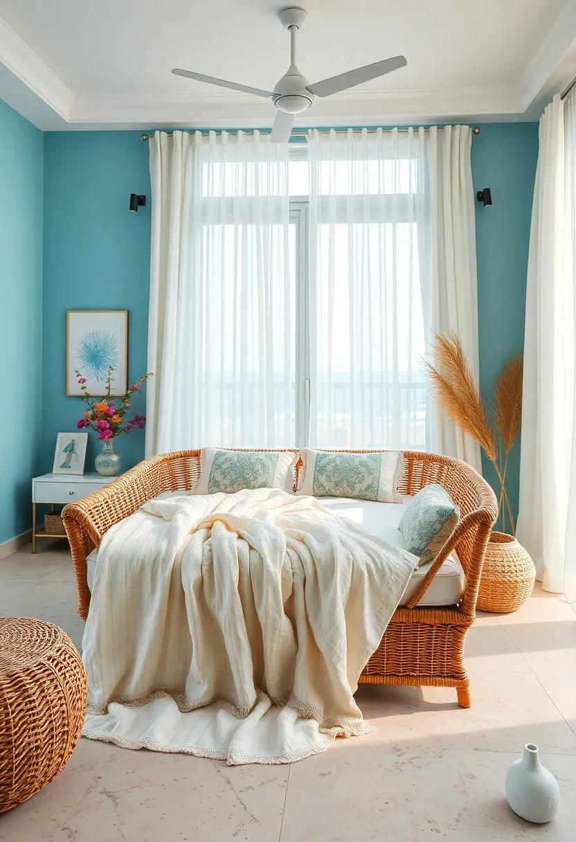 Crinkled Cotton Throw Draped Over a Rattan Daybed Inviting Relaxation in a Seaside Bedroom