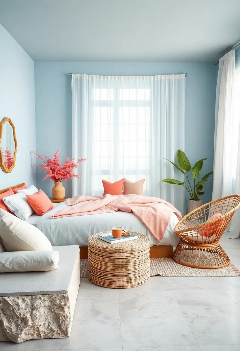 Muted Coral Accents Complementing Light Blue Walls and Natural Rattan Furniture Elements