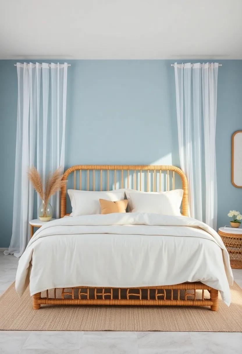Neutral Linen Bedding Layered Over a Rattan Bed Frame, Emphasizing Comfort and Beach Vibes