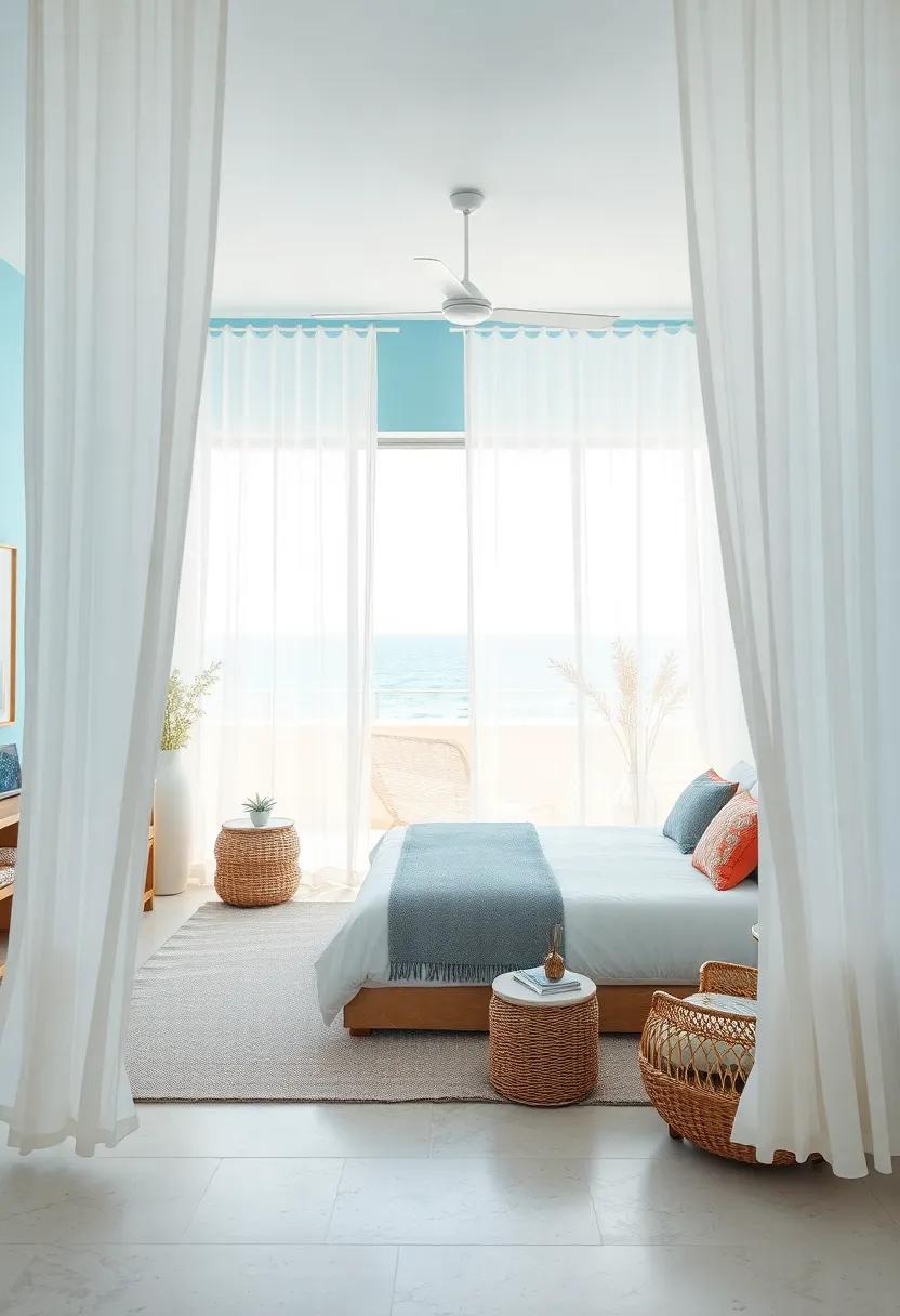 Featherlight White Sheer Curtains Frame Panoramic Views of a Tranquil Blue and Sand Bedroom